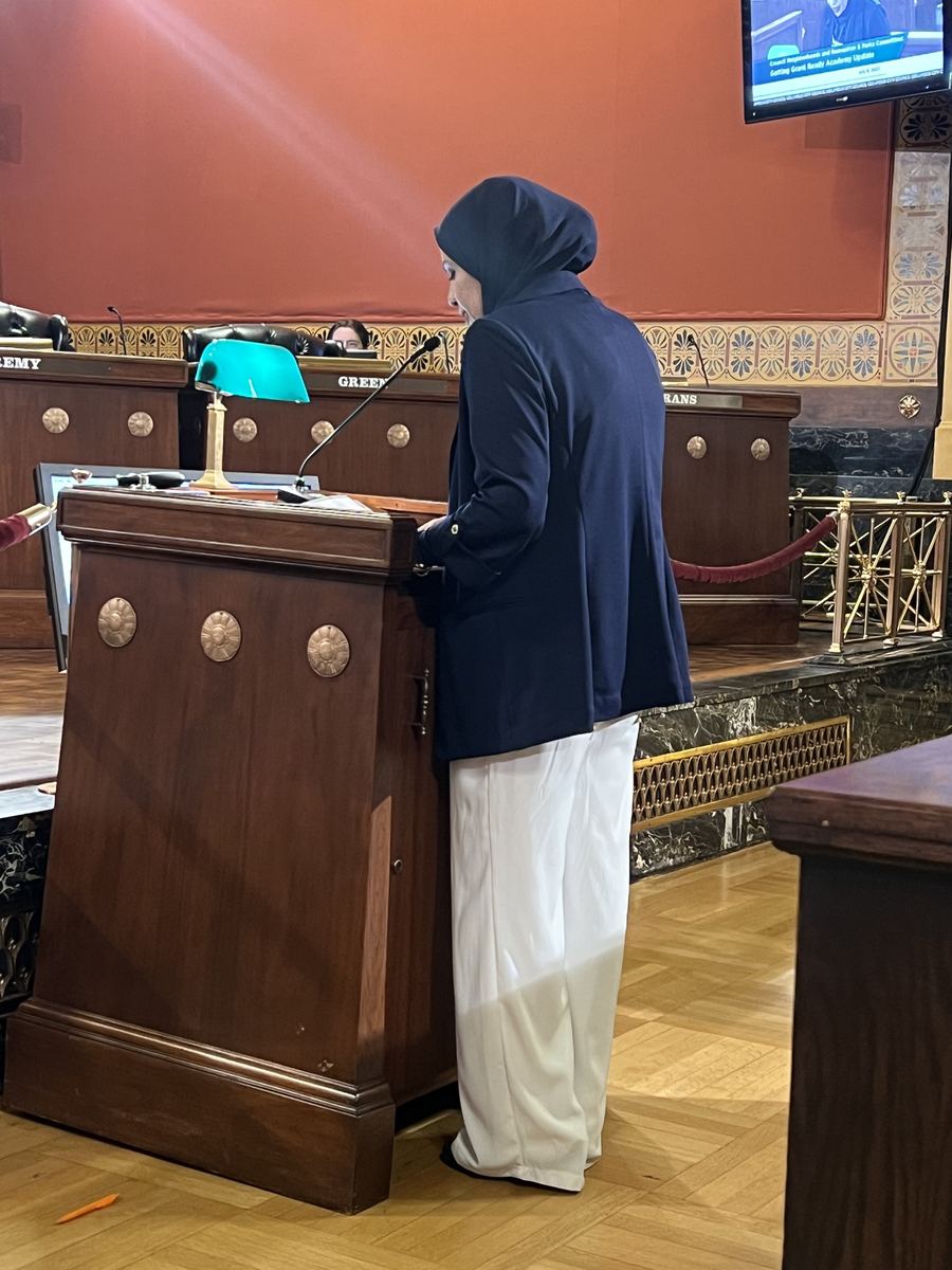 A person standing at a lectern in a public meeting chamber.